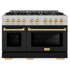 ZLINE 48 in. Gas Range Double Oven 6.7 cu. ft. 8 Burners Satin Stainless Steel with Black Matte Doors & Polished Gold Accents (HGRSZ-BLM-48-G)