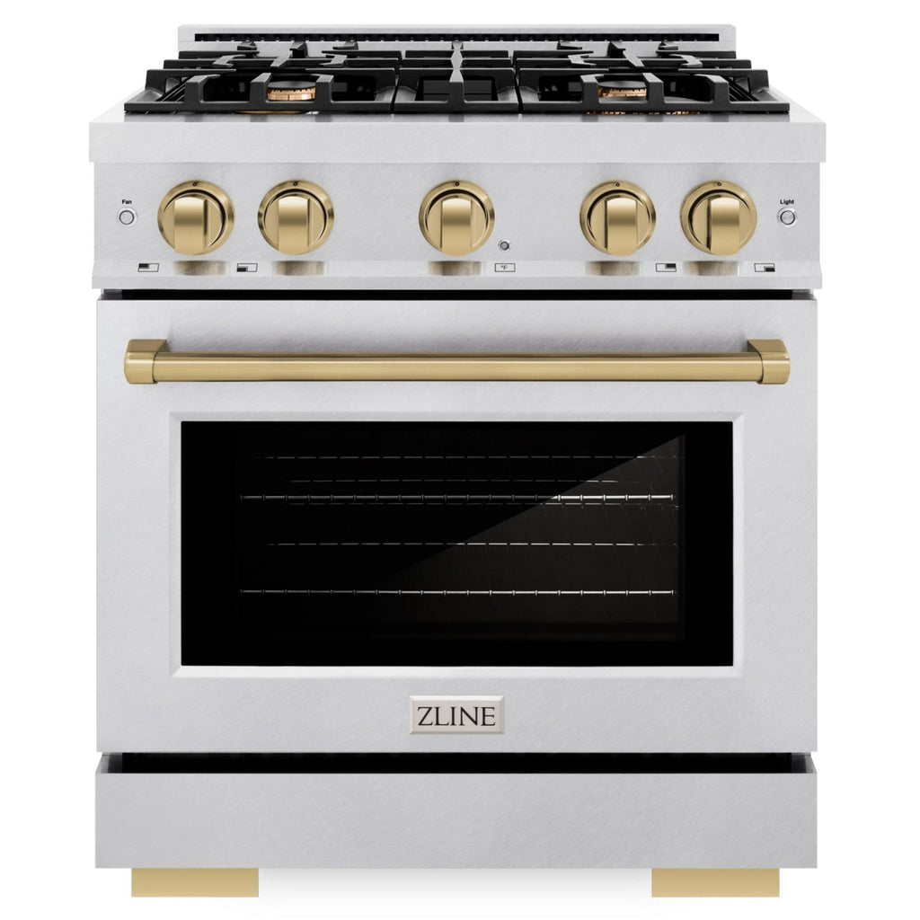 ZLINE 30 in. Dual Fuel Range 4.2 cu. ft. 4 Burner Gas Cooktop with Electric Convection Oven Satin Stainless Steel with Champagne Bronze Accents (HDRSZ-30-CB)