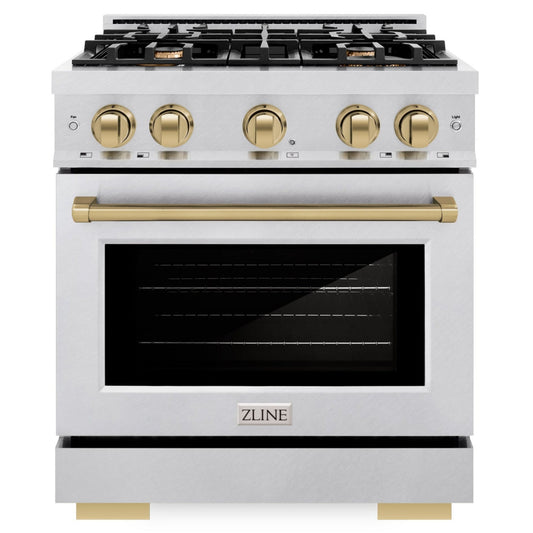 ZLINE 30 in. Dual Fuel Range 4.2 cu. ft. 4 Burner Gas Cooktop with Electric Convection Oven Satin Stainless Steel with Champagne Bronze Accents (HDRSZ-30-CB)