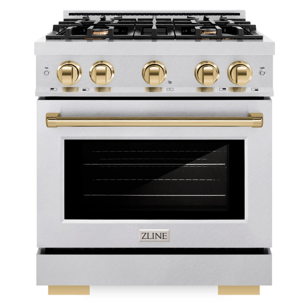ZLINE Autograph Edition 30 in. Dual Fuel Range, 4 Burners Gas Cooktop, Electric Convection Oven, Satin Stainless Steel with Polished Gold Accents (HDRSZ-30-G)