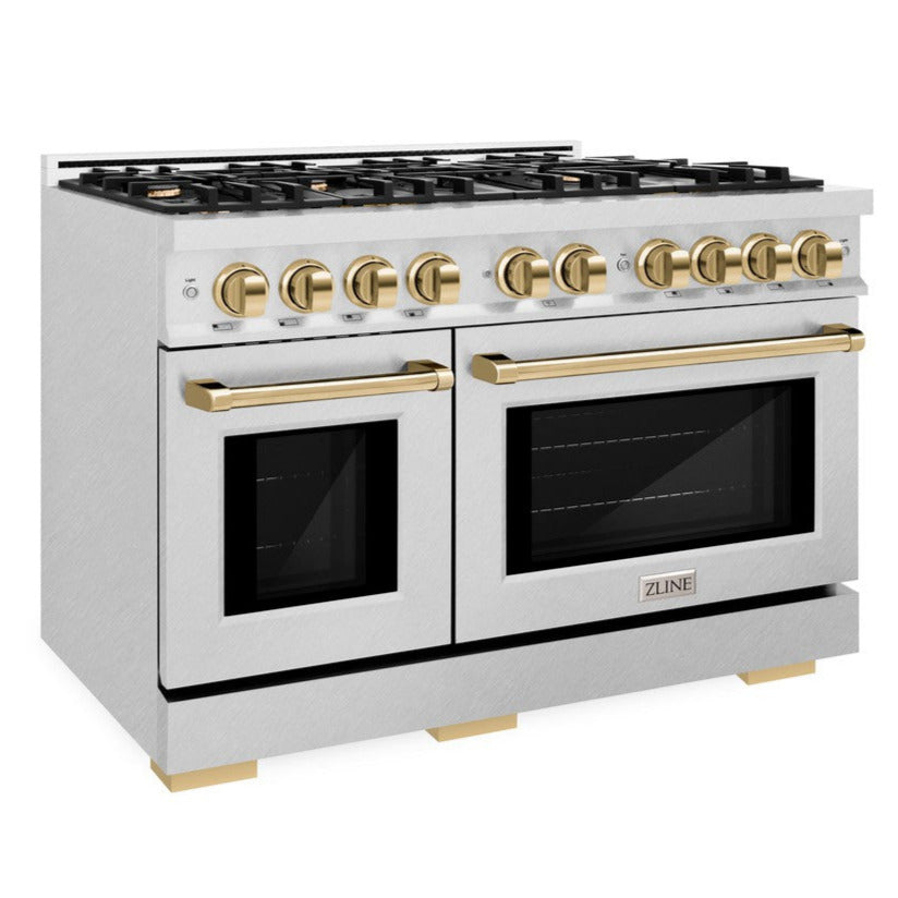 ZLINE 48 in. Dual Fuel Range 6.7 cu. ft. Double Oven 8 Burner Gas Cooktop Satin Stainless Steel with Polished Gold Accents (HDRSZ-48-G)