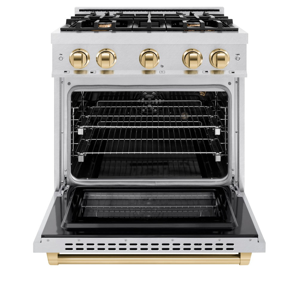 ZLINE 30 in. Gas Range 4.2 cu. ft. Select Series Convection Oven with 4 Burner Cooktop, Satin Stainless Steel & Polished Gold Accents (HGRSZ-30-G)