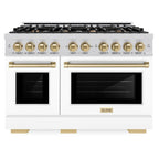 ZLINE 48 in. Dual Fuel Range Double Oven 6.7 cu. ft. Capacity 8 Burner Gas Cooktop Satin Stainless Steel White Matte Doors Champagne Bronze Accents (HDRSZ-WM-48-CB)