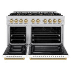 ZLINE 48 in. Dual Fuel Range Double Oven 6.7 cu. ft. Capacity 8 Burner Gas Cooktop Satin Stainless Steel White Matte Doors Champagne Bronze Accents (HDRSZ-WM-48-CB)
