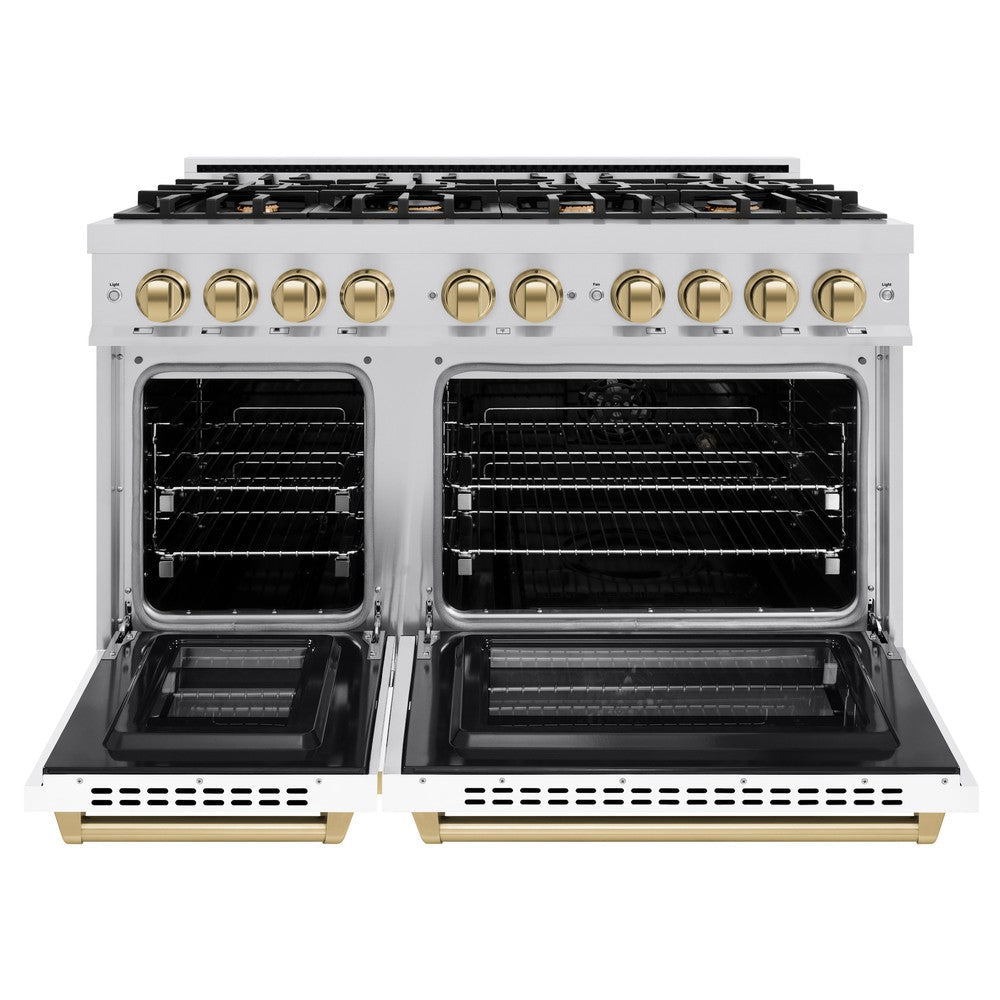 ZLINE 48 in. Dual Fuel Range Double Oven 6.7 cu. ft. Capacity 8 Burner Gas Cooktop Satin Stainless Steel White Matte Doors Champagne Bronze Accents (HDRSZ-WM-48-CB)