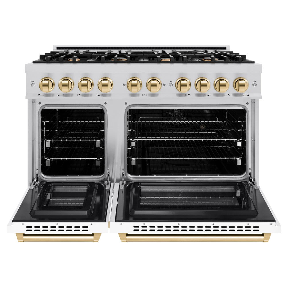ZLINE 48 in. Dual Fuel Range Double Oven 6.7 cu. ft. 8 Gas Burners Satin Stainless Steel White Matte Doors Polished Gold Accents (HDRSZ-WM-48-G)