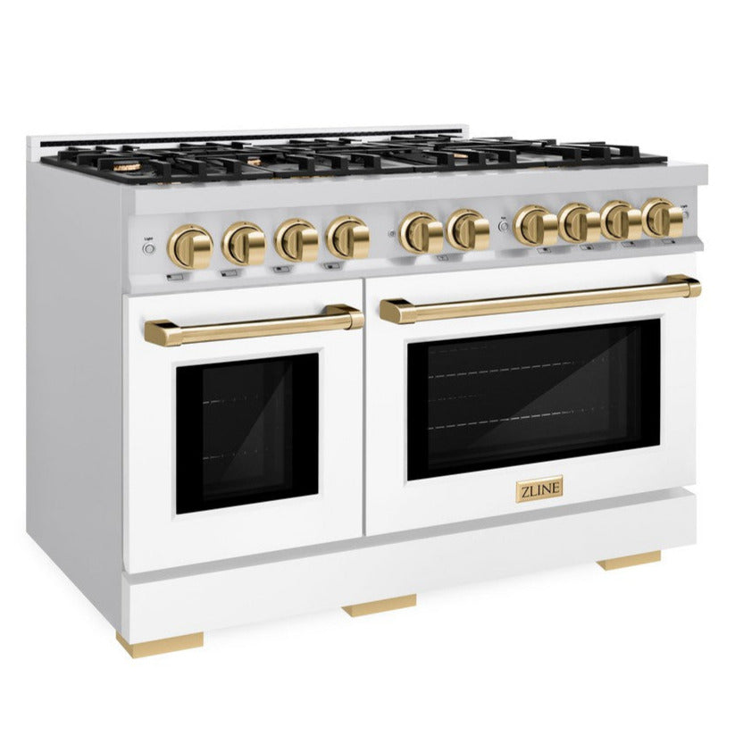 ZLINE 48 in. Dual Fuel Range Double Oven 6.7 cu. ft. 8 Gas Burners Satin Stainless Steel White Matte Doors Polished Gold Accents (HDRSZ-WM-48-G)