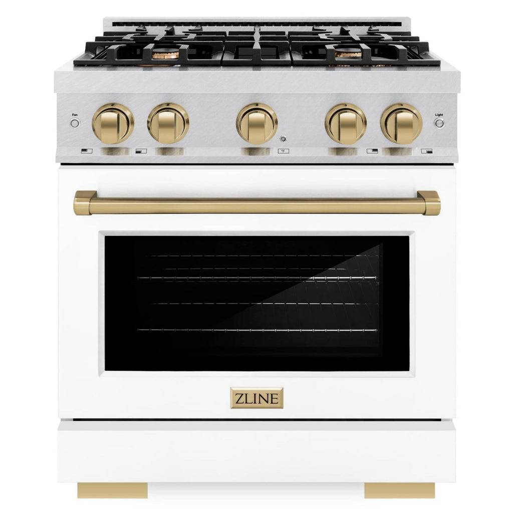 ZLINE Autograph Edition 30 in. Dual Fuel Range, 4 Burners Gas Cooktop, Electric Convection Oven, Satin Stainless Steel with White Matte Door and Champagne Bronze Accents (HDRSZ-WM-30-CB)