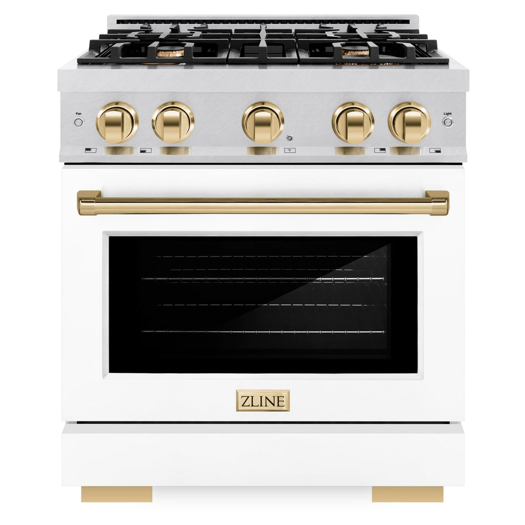 ZLINE 30 in. Dual Fuel Range 4.2 cu. ft. 4 Burner Gas Cooktop Electric Convection Oven Satin Stainless Steel White Matte Door Polished Gold Accents (HDRSZ-WM-30-G)