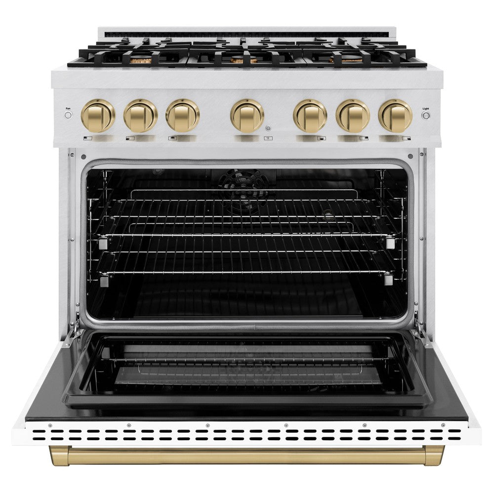 ZLINE 36 in. Dual Fuel Range 5.2 cu. ft. with 6 Burner Gas Cooktop, Electric Convection Oven, Satin Stainless Steel, White Matte Door & Champagne Bronze Accents (HDRSZ-WM-36-CB)