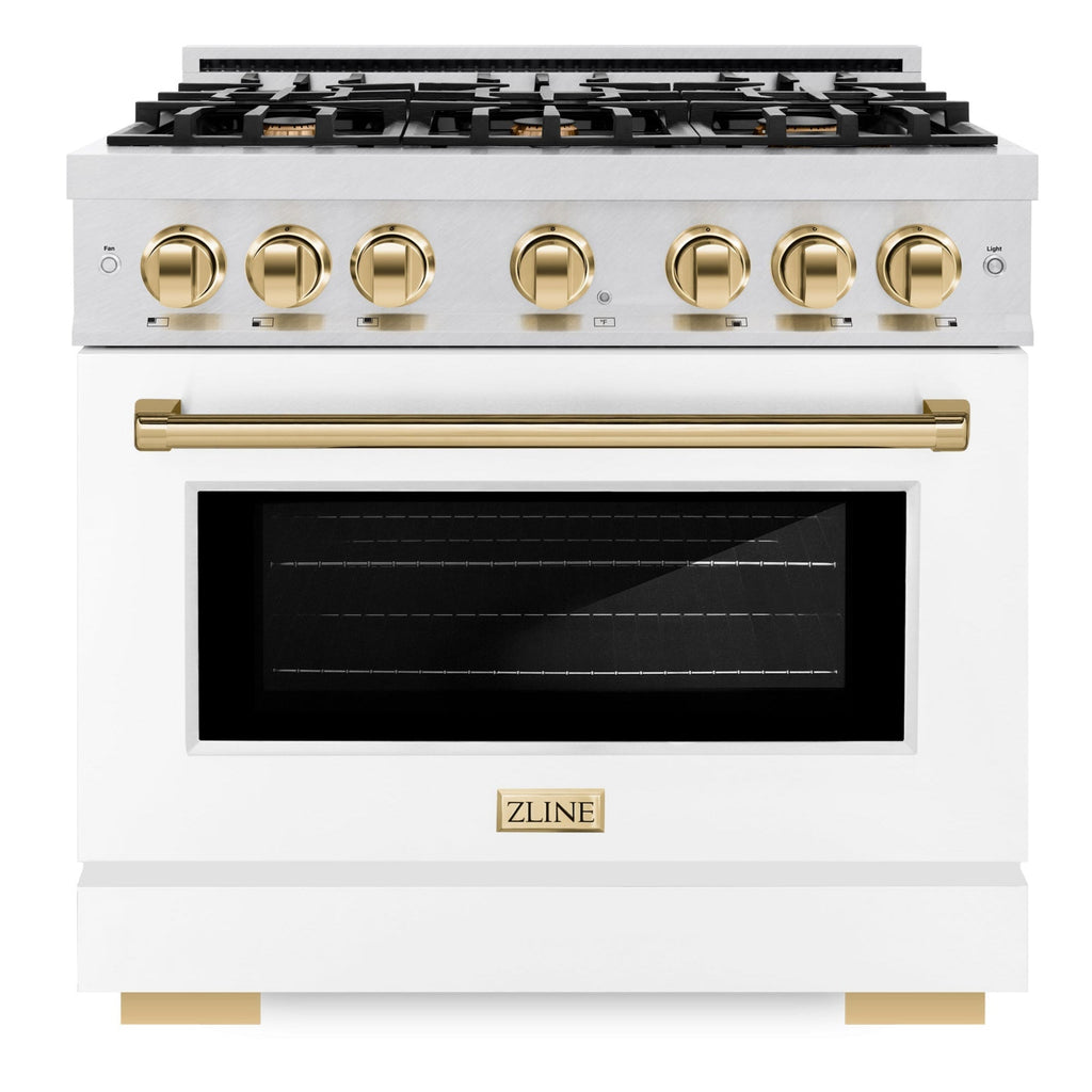 ZLINE 36 in. Dual Fuel Range 5.2 cu. ft. Capacity 6 Burner Gas Cooktop Electric Convection Oven Satin Stainless Steel with White Matte Door and Polished Gold Accents (HDRSZ-WM-36-G)
