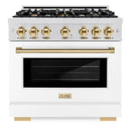 ZLINE 36 in. Dual Fuel Range 5.2 cu. ft. Capacity 6 Burner Gas Cooktop Electric Convection Oven Satin Stainless Steel with White Matte Door and Polished Gold Accents (HDRSZ-WM-36-G)