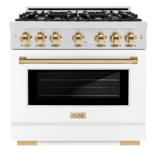 ZLINE 36 in. Dual Fuel Range 5.2 cu. ft. Capacity 6 Burner Gas Cooktop Electric Convection Oven Satin Stainless Steel with White Matte Door and Polished Gold Accents (HDRSZ-WM-36-G)