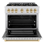 ZLINE 36 in. Dual Fuel Range 5.2 cu. ft. Capacity 6 Burner Gas Cooktop Electric Convection Oven Satin Stainless Steel with White Matte Door and Polished Gold Accents (HDRSZ-WM-36-G)