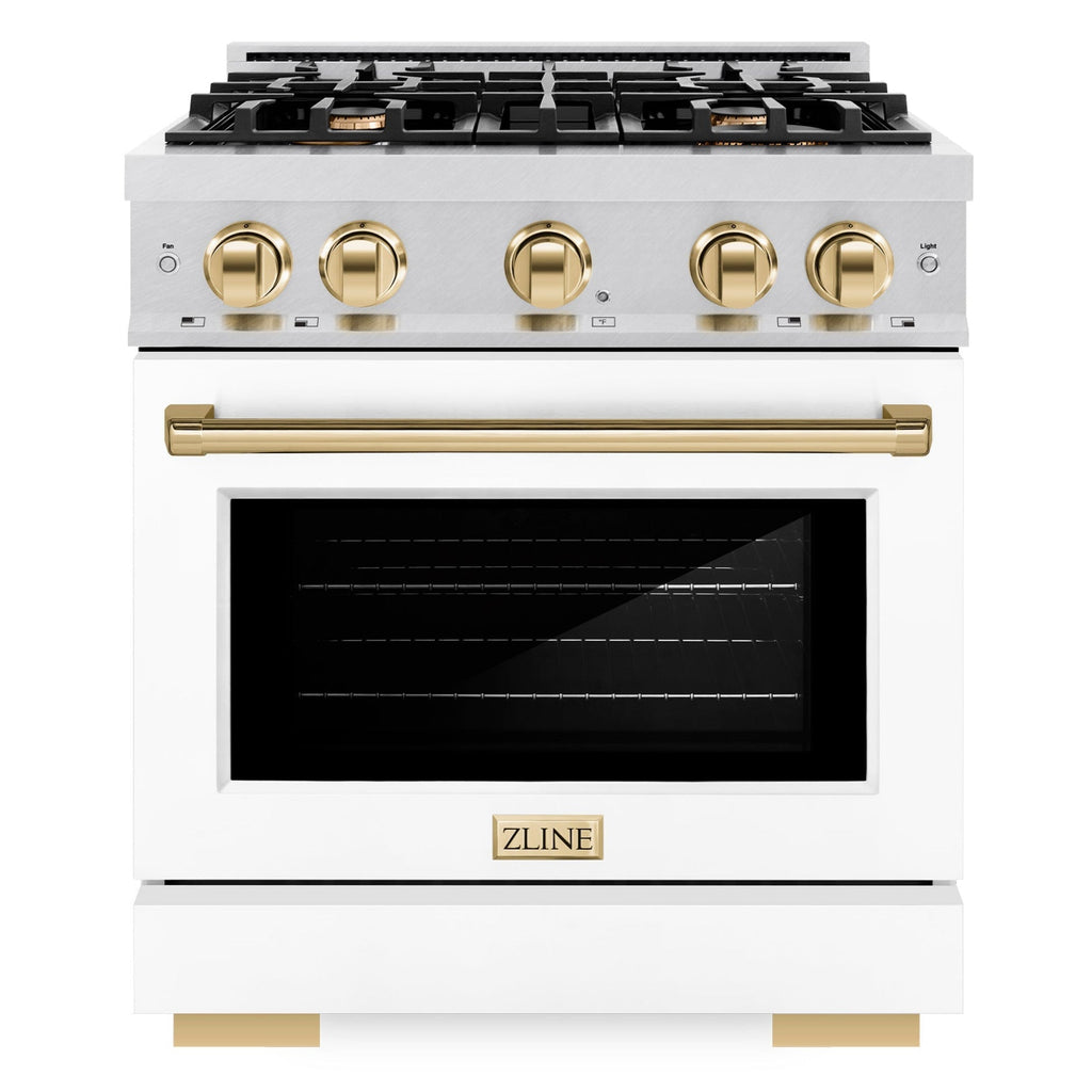ZLINE Autograph Edition 30 in. Select Gas Range with 4 Burners and Convection Gas Oven, 4.2 cu. ft., Satin Stainless Steel, White Matte Door, Polished Gold Accents (HGRSZ-WM-30-G)