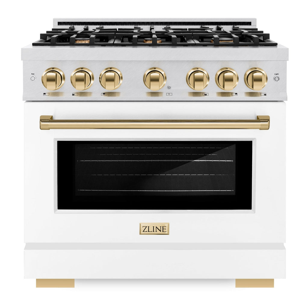 ZLINE 36 in. Gas Range 5.2 cu. ft. 6 Burner Cooktop Convection Gas Oven Satin Stainless Steel White Matte Door Polished Gold Accents (HGRSZ-WM-36-G)
