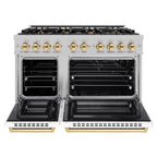 ZLINE 48 in. Double Oven Gas Range 6.7 cu. ft. 8 Burner Cooktop Satin Stainless Steel with White Matte Doors and Polished Gold Accents (HGRSZ-WM-48-G)