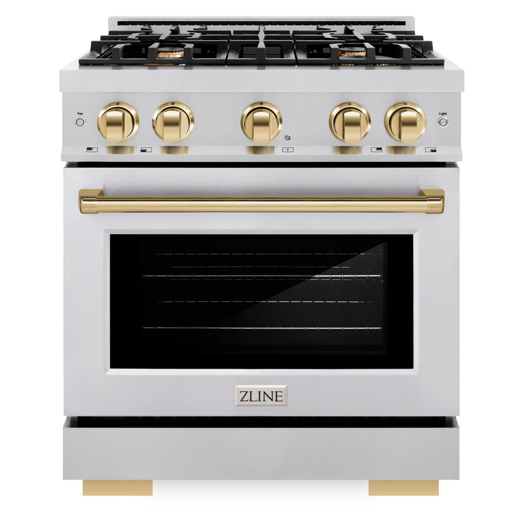 ZLINE Autograph Edition 30 in. Dual Fuel Range 4.2 cu. ft. with 4 Gas Burners and Electric Convection Oven in Stainless Steel with Polished Gold Accents (HDRZ-30-G)