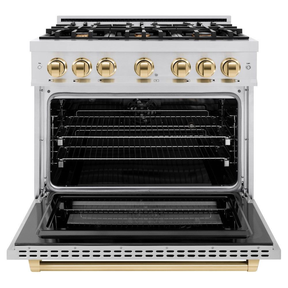 ZLINE 36 in. Dual Fuel Range 5.2 cu. ft. 6 Burner Gas Cooktop Electric Convection Oven Stainless Steel with Polished Gold Accents (HDRZ-36-G)