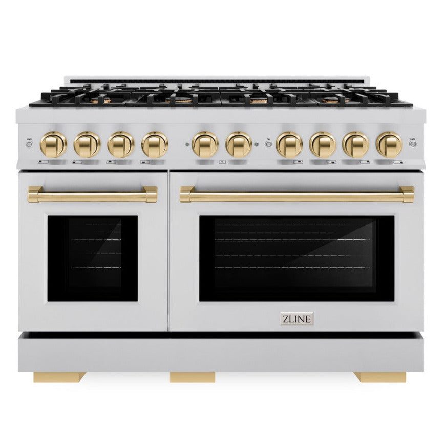 ZLINE 48 in. Gas Range Double Oven 6.7 cu. ft. 8 Burners Stainless Steel with Polished Gold Accents (HGRZ-48-G)