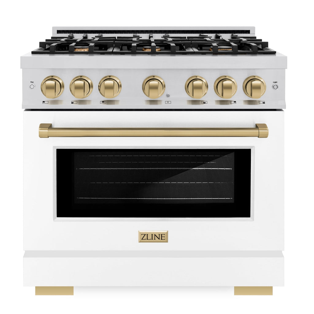 ZLINE 36 in. Select Dual Fuel Range 5.2 cu. ft. 6 Burner Gas Cooktop Electric Convection Oven Stainless Steel White Matte Door Champagne Bronze Accents (HDRZ-WM-36-CB)