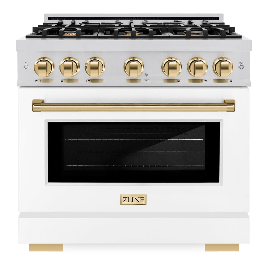 ZLINE Autograph Edition 36 in. Select Dual Fuel Range, 5.2 cu. ft., 6 Burner Gas Cooktop, Electric Convection Oven, Stainless Steel with White Matte Door and Polished Gold Accents (HDRZ-WM-36-G)