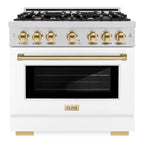 ZLINE Autograph Edition 36 in. Select Dual Fuel Range, 5.2 cu. ft., 6 Burner Gas Cooktop, Electric Convection Oven, Stainless Steel with White Matte Door and Polished Gold Accents (HDRZ-WM-36-G)