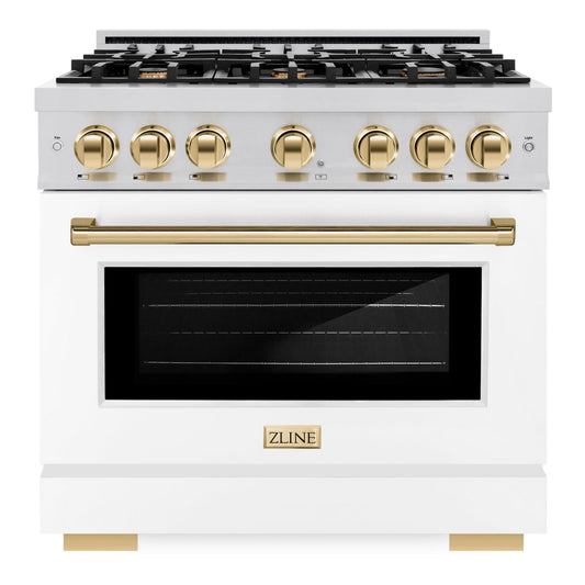 ZLINE Autograph Edition 36 in. Select Dual Fuel Range, 5.2 cu. ft., 6 Burner Gas Cooktop, Electric Convection Oven, Stainless Steel with White Matte Door and Polished Gold Accents (HDRZ-WM-36-G)