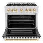 ZLINE Autograph Edition 36 in. Select Dual Fuel Range, 5.2 cu. ft., 6 Burner Gas Cooktop, Electric Convection Oven, Stainless Steel with White Matte Door and Polished Gold Accents (HDRZ-WM-36-G)