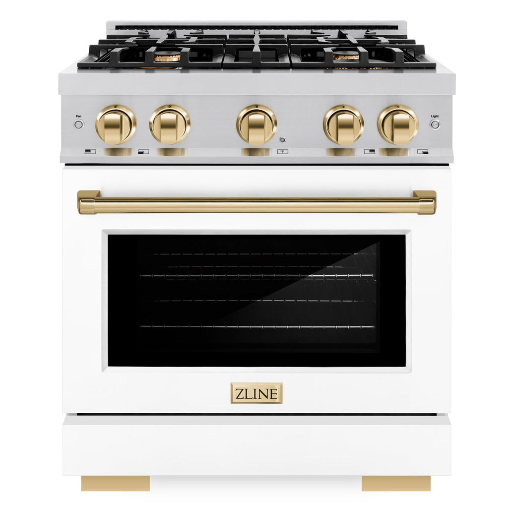 ZLINE 30 in. Select Gas Range 4.2 cu. ft. 4 Burner Cooktop Stainless Steel White Matte Door Polished Gold Accents (HGRZ-WM-30-G)