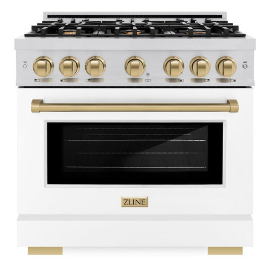 ZLINE 36 in. Gas Range 5.2 cu. ft. 6 Burners Stainless Steel White Matte Door Champagne Bronze Accents (HGRZ-WM-36-CB)