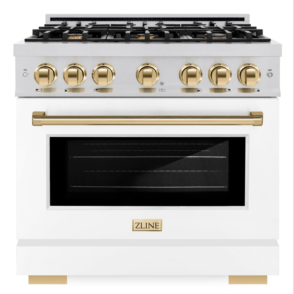 ZLINE Autograph Edition 36 in. Select Gas Range with 6 Burners, 5.2 cu. ft. Oven, Stainless Steel with White Matte Door and Polished Gold Accents (HGRZ-WM-36-G)