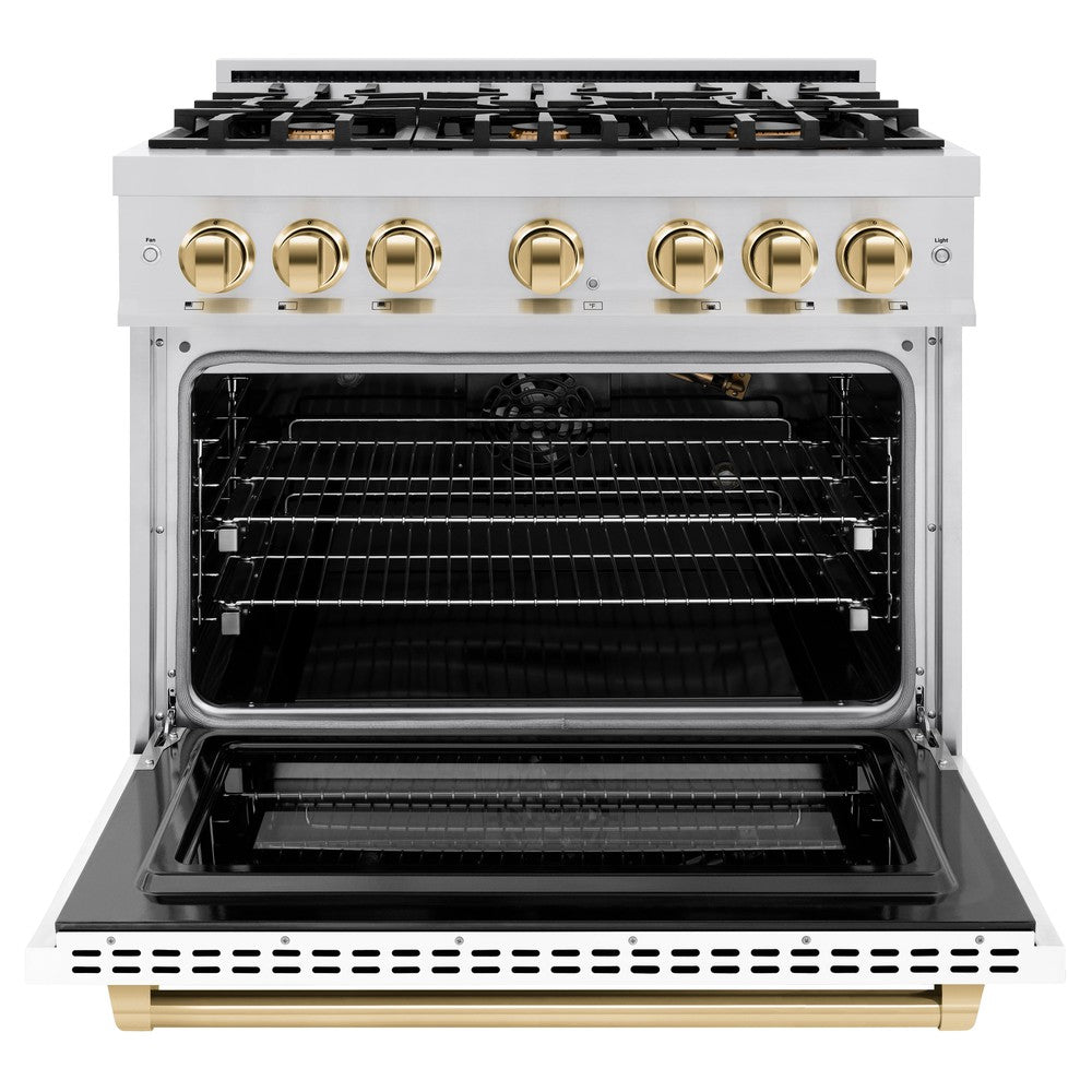 ZLINE Autograph Edition 36 in. Select Gas Range with 6 Burners, 5.2 cu. ft. Oven, Stainless Steel with White Matte Door and Polished Gold Accents (HGRZ-WM-36-G)