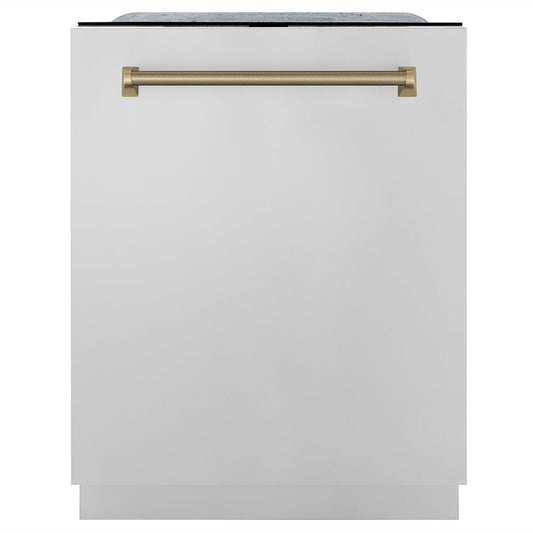 ZLINE Autograph 24" Monument Series 3rd Rack Top Touch Control Tall Tub Dishwasher in Stainless Steel with Champagne Bronze Helix Handle, 45dBa, DWMTZ-30424-KCB