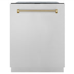 ZLINE Autograph 24" Monument Series 3rd Rack Top Touch Control Tall Tub Dishwasher in Stainless Steel with Polished Gold Helix Handle, 45dBa, DWMTZ-30424-KG