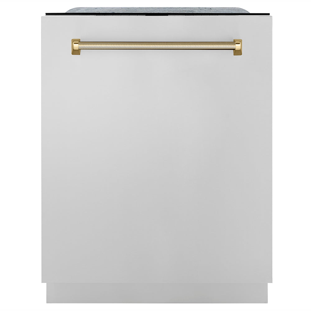 ZLINE Autograph 24" Monument Series 3rd Rack Top Touch Control Tall Tub Dishwasher in Stainless Steel with Polished Gold Helix Handle, 45dBa, DWMTZ-30424-KG