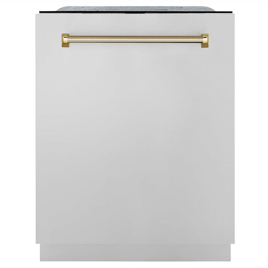 ZLINE Autograph 24" Monument Series 3rd Rack Top Touch Control Tall Tub Dishwasher in Stainless Steel with Polished Gold Helix Handle, 45dBa, DWMTZ-30424-KG