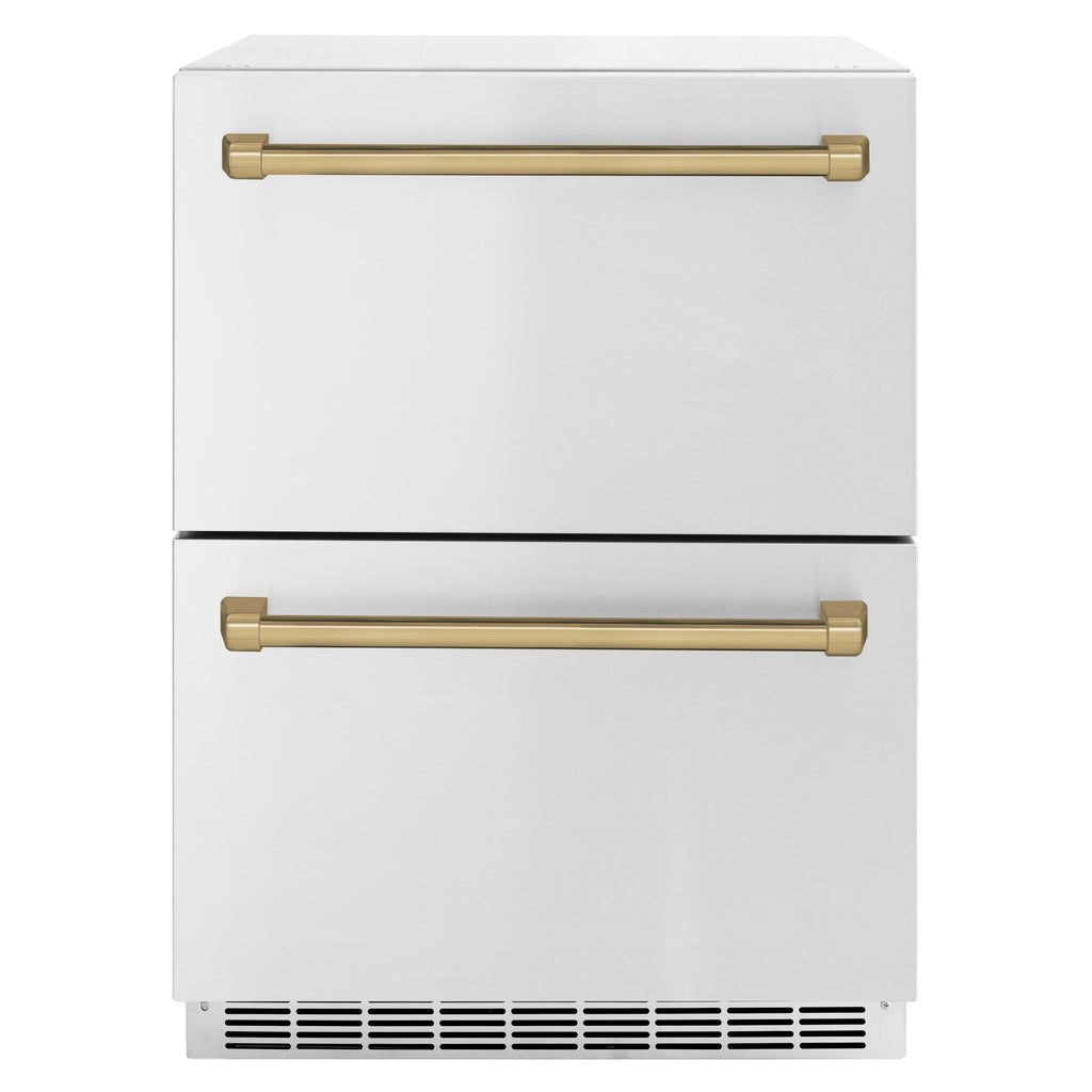 ZLINE 24 in. Refrigerator Drawer 168 Can Capacity Outdoor-Rated Stainless Steel Doors Champagne Bronze Handles (RDSOZ-ST-24-CB)