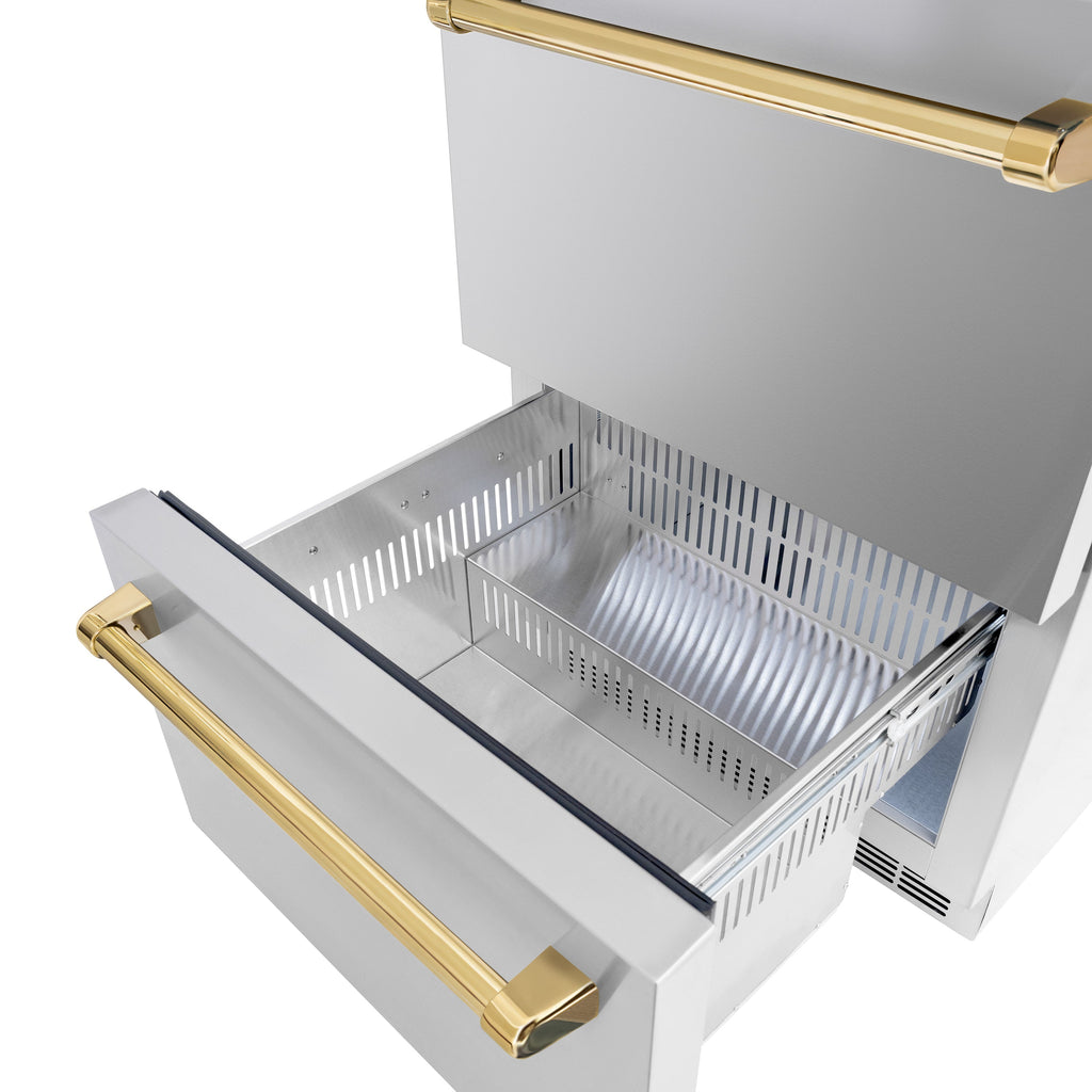 ZLINE 24-Inch Refrigerator Drawer Outdoor-Rated 168-Can Capacity Stainless Steel Polished Gold Handles (RDSOZ-ST-24-G)
