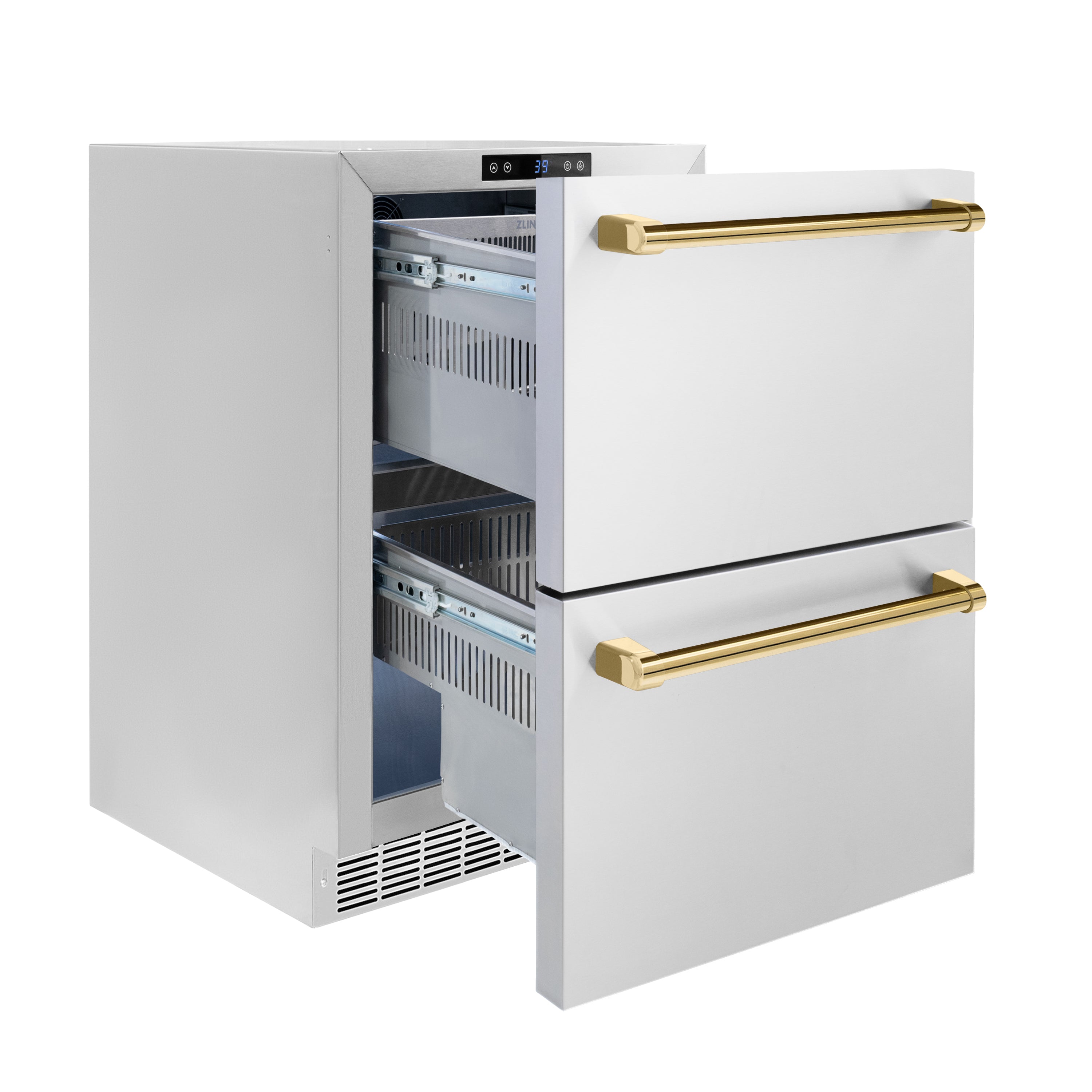 ZLINE 24-Inch Refrigerator Drawer Outdoor-Rated 168-Can Capacity Stainless Steel Polished Gold Handles (RDSOZ-ST-24-G)