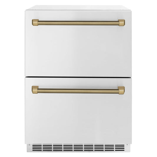 ZLINE 24-Inch Dual Refrigerator Drawer 168 Can Capacity Outdoor-Rated Stainless Steel Doors Champagne Bronze Helix Handles (RDSOZ-ST-24-KCB)