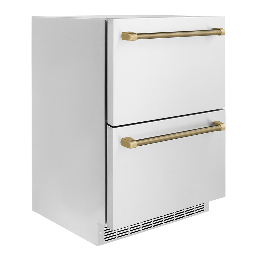ZLINE 24-Inch Dual Refrigerator Drawer 168 Can Capacity Outdoor-Rated Stainless Steel Doors Champagne Bronze Helix Handles (RDSOZ-ST-24-KCB)