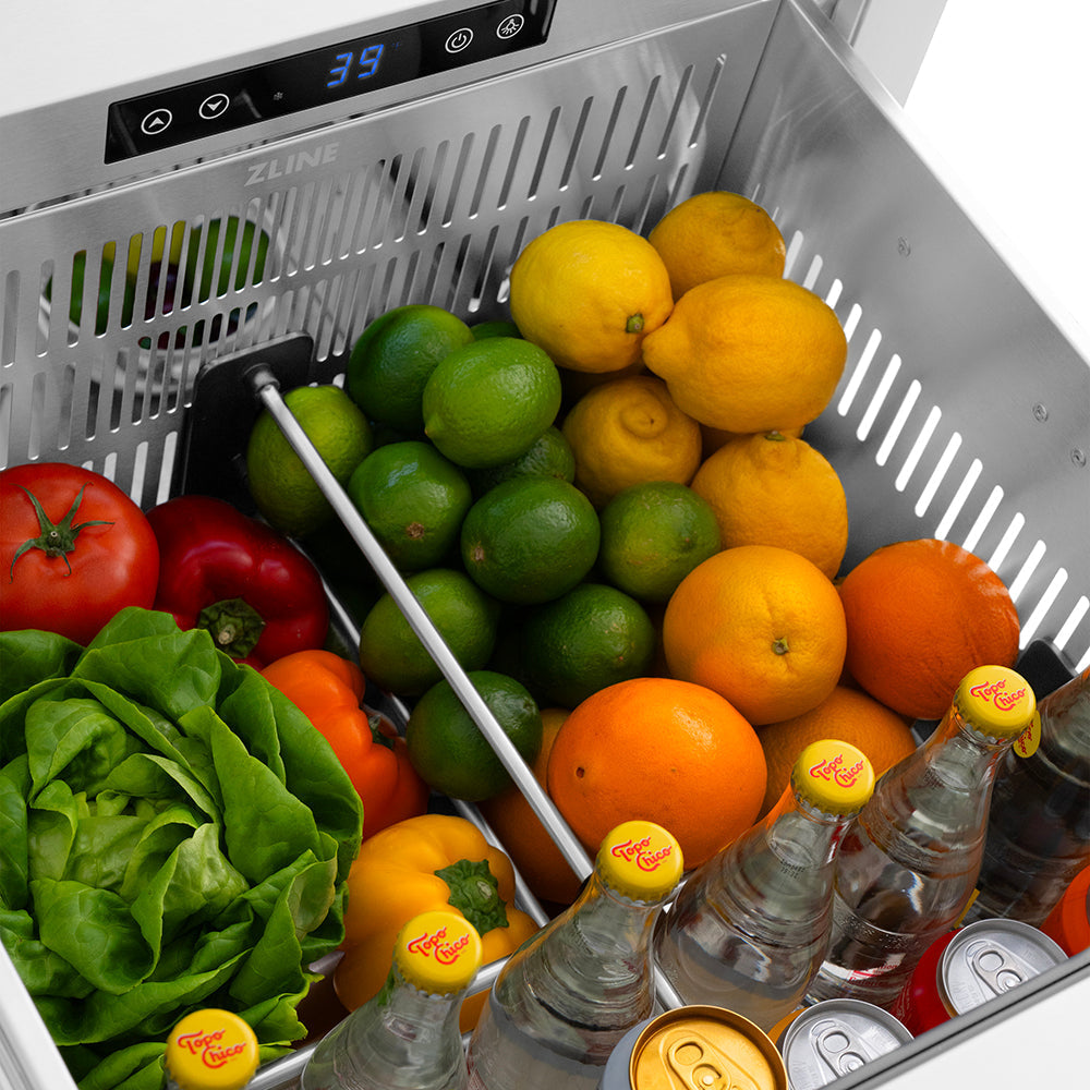 ZLINE 24 in. Outdoor Dual Refrigerator Drawer 168-Can Capacity Stainless Steel Doors Polished Gold Helix Handles (RDSOZ-ST-24-KG)