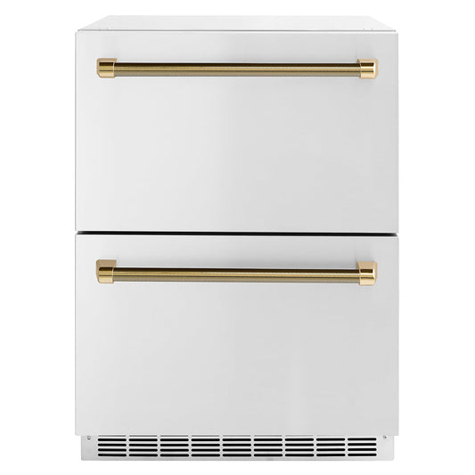 ZLINE 24 in. Outdoor Dual Refrigerator Drawer 168-Can Capacity Stainless Steel Doors Polished Gold Helix Handles (RDSOZ-ST-24-KG)