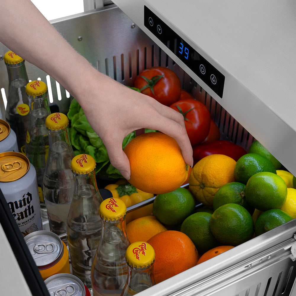 ZLINE 24 in. Outdoor Dual Refrigerator Drawer 168 Can Capacity Stainless Steel Doors Polished Nickel Helix Handles (RDSOZ-ST-24-KPN)