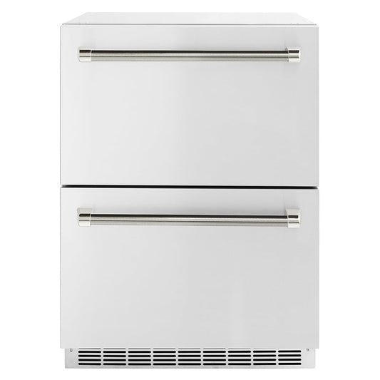 ZLINE 24 in. Outdoor Dual Refrigerator Drawer 168 Can Capacity Stainless Steel Doors Polished Nickel Helix Handles (RDSOZ-ST-24-KPN)