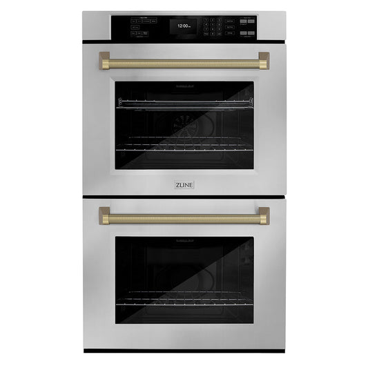 ZLINE Autograph 30" Professional True Convection Double Wall Oven with Air Fry and Self Clean in Stainless Steel with Champagne Bronze Helix Handles, WADZ-30-KCB