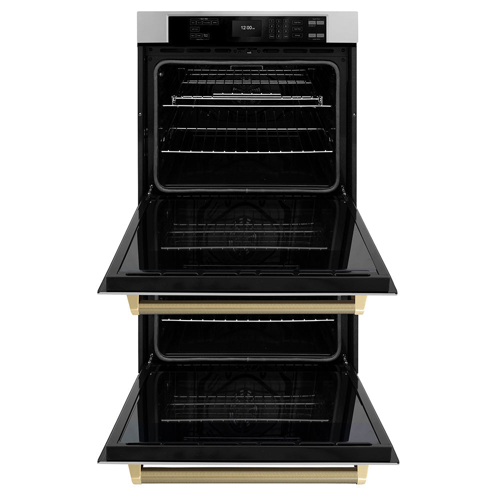 ZLINE Autograph 30" Professional True Convection Double Wall Oven with Air Fry and Self Clean in Stainless Steel with Champagne Bronze Helix Handles, WADZ-30-KCB
