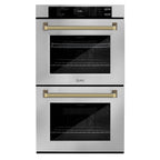 ZLINE Autograph 30" Professional True Convection Double Wall Oven with Air Fry and Self Clean in Stainless Steel with Polished Gold Helix Handles, WADZ-30-KG