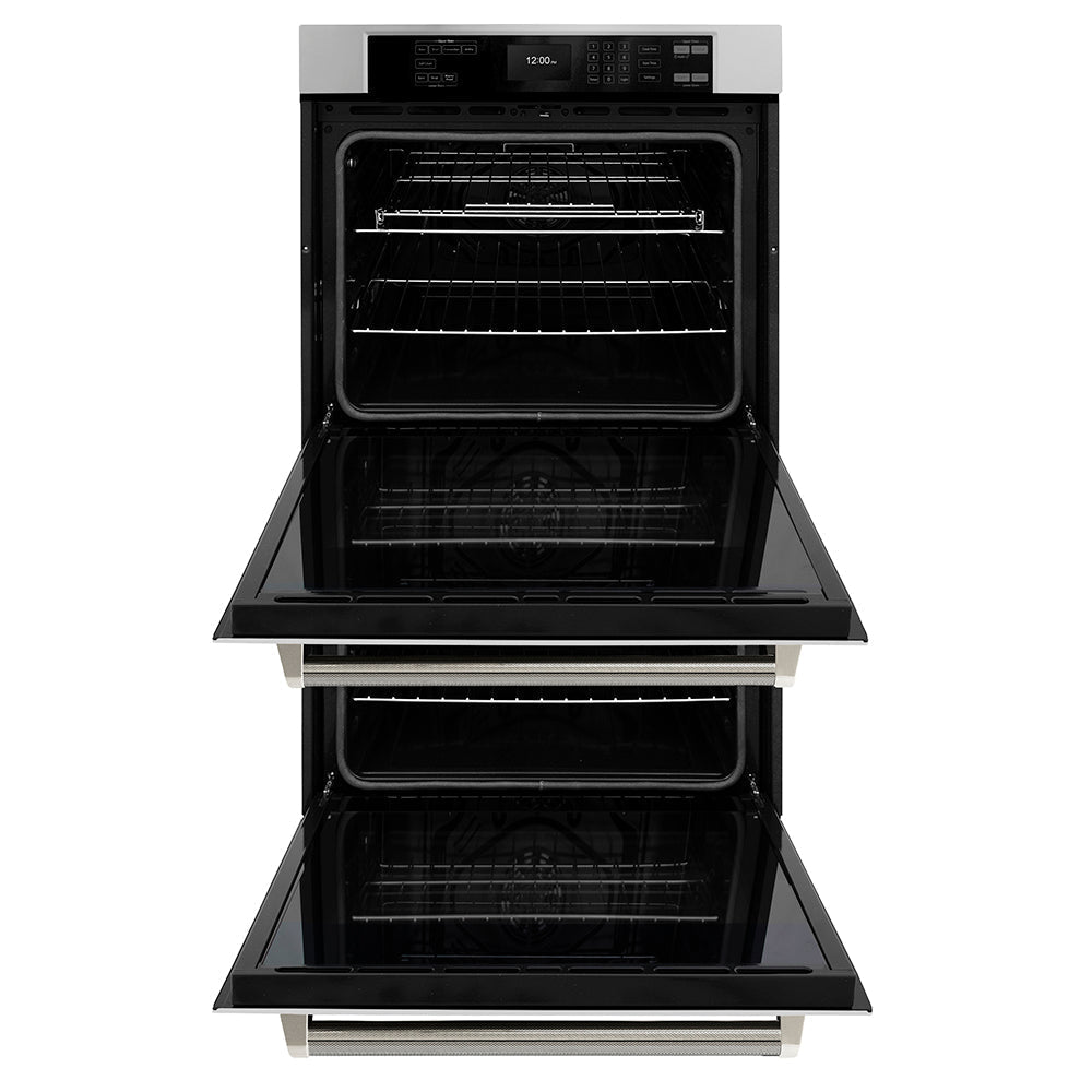 ZLINE Autograph 30" Professional True Convection Double Wall Oven with Air Fry and Self Clean in Stainless Steel with Polished Nickel Helix Handles, WADZ-30-KPN
